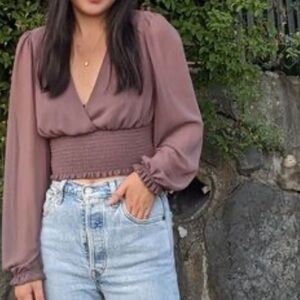 Aritzia Wilfred taupe/ grey/ Mauve Smocked Blouse size S